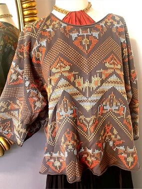 Johnny Was, Embroidered Boho Tunic Oversized Sleeve Southwest Top, Sz. XL